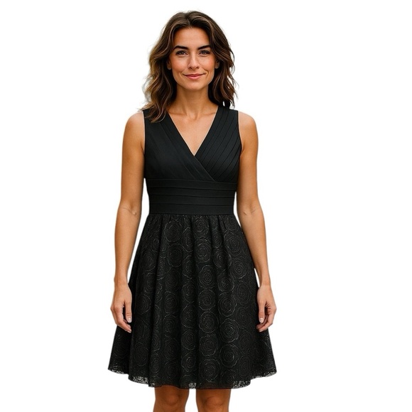 Adrianna Papell Women’s Black Sz 14P VNeck Pleated Bodice Rosette Soutache Dress - Picture 1 of 4